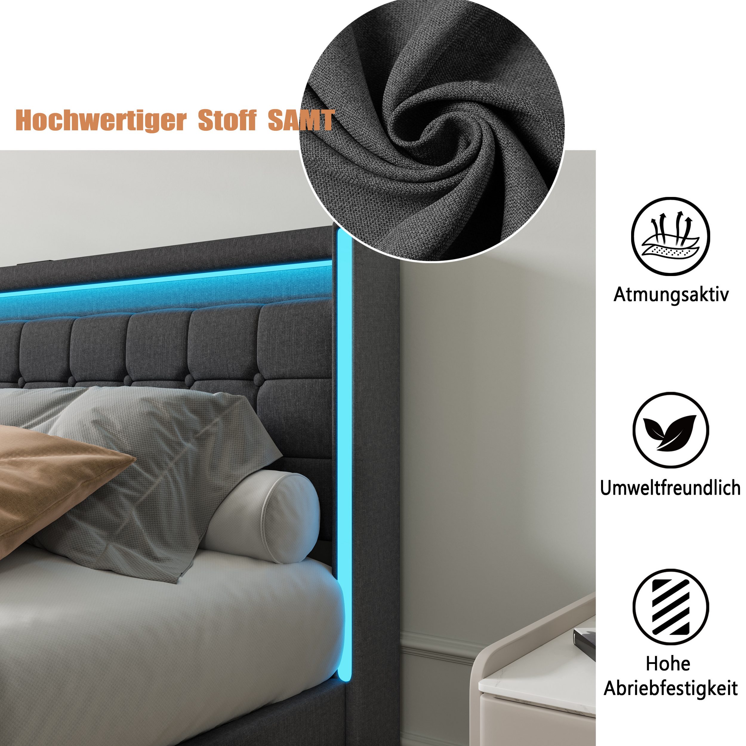 Polsterbett LED Doppelbett-grau 1